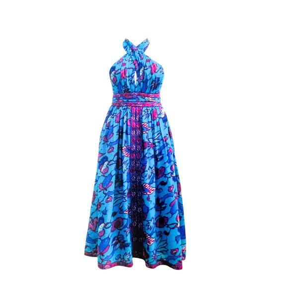 Caroline Constas Blue Criss Cross Halter Dress Size XL